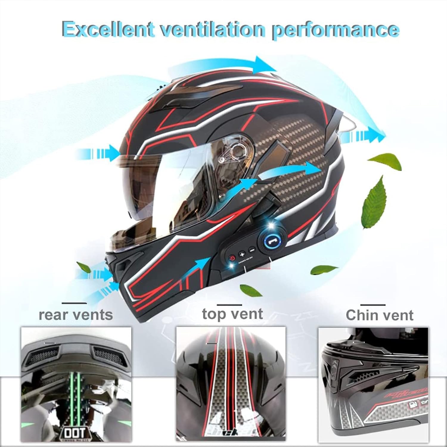 Adults Men Women Modular Bluetooth Motorcycle Helmet with Tail, Front Built-in Mp3 Integrated Flip Up Helmets Dual Anti-Fog Visors Racing Crash Full Face Helmet DOT/ECE Approved