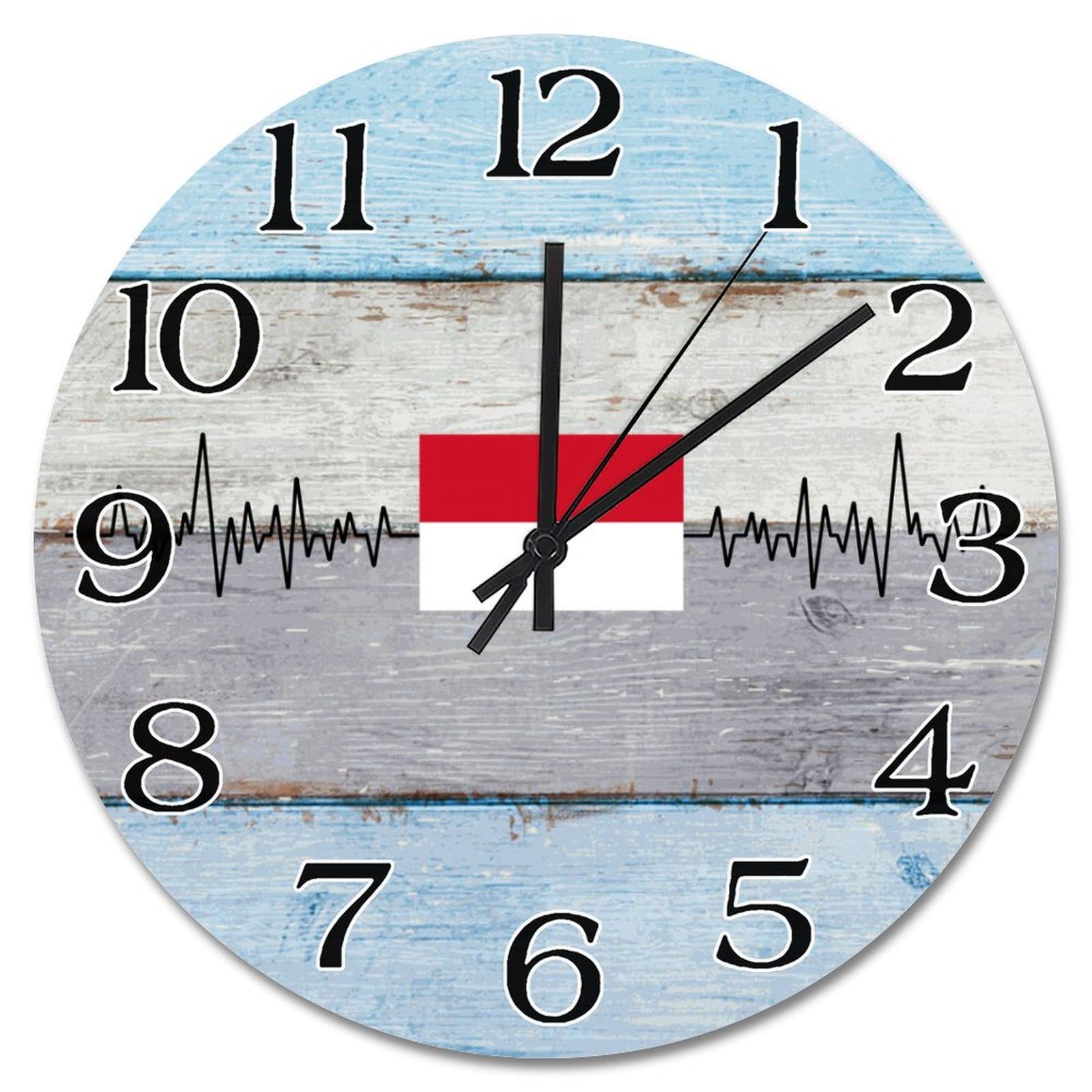 Horloge vintage bois drapeau Indonésie 38 cm cadeau original ami etranger