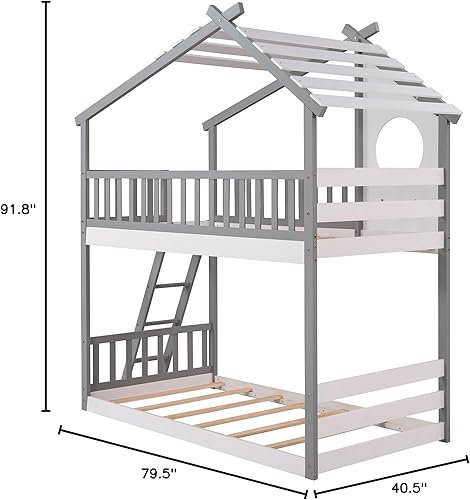 Miniatura 9 de Woanke Litera de casa individual sobre individual marco de madera con techo ventana barandilla escalera para niños adolescentes niños y niñas no