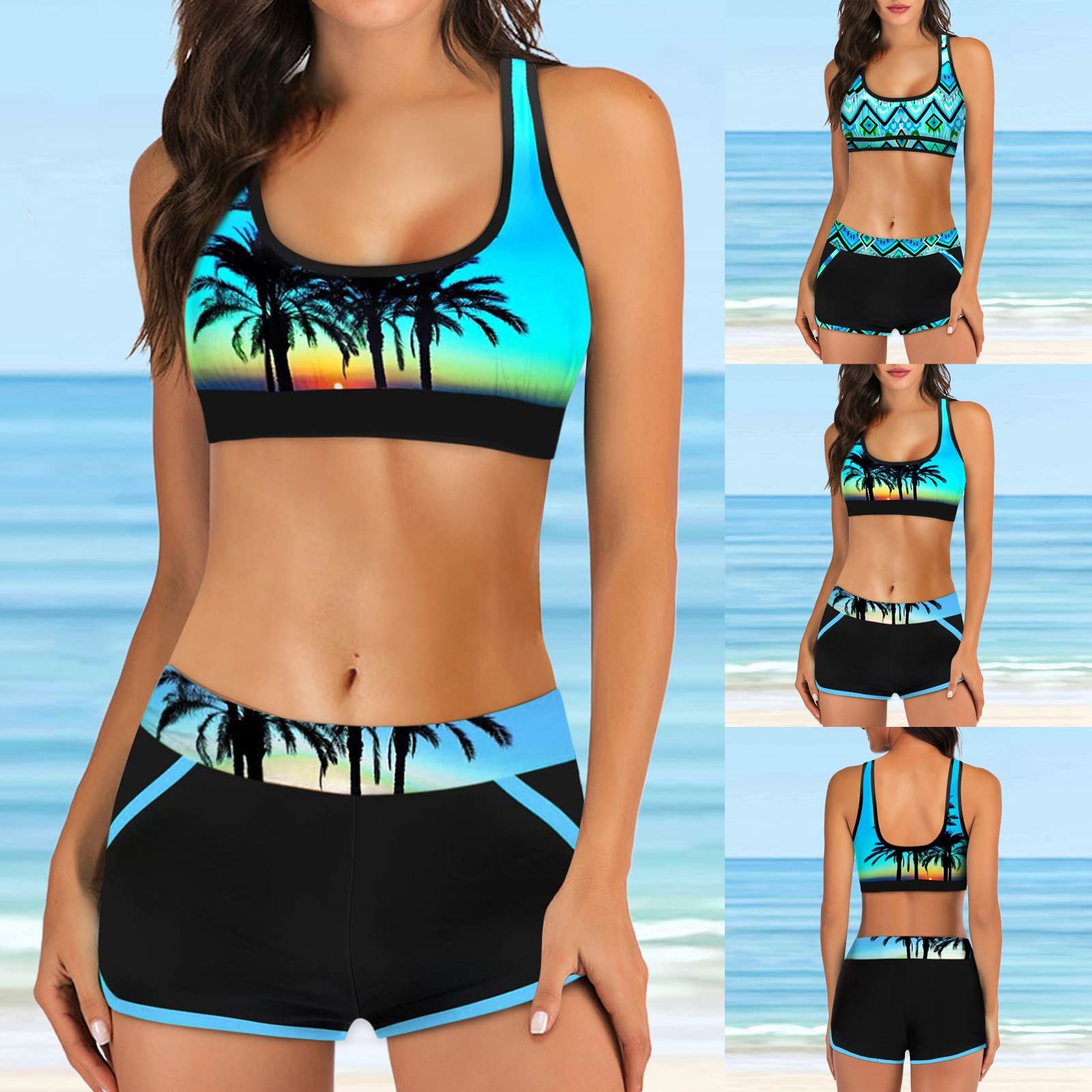 Conjuntos De Bikini para Mujer Bikinis Deportivo Push-up Acolchado Extraíble Cintura Alta Pantalones Cortos Dos Piezas Traje De Baño De Playa