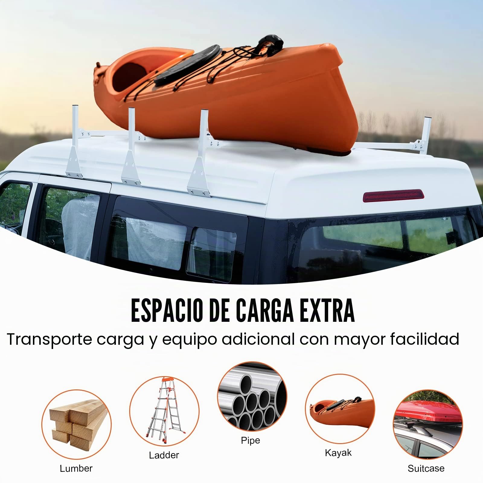 VEVOR Portaequipajes de Techo para Furgoneta Ajustable 143-156 cm Portaequipajes de Acero de Aleación 3 Barras con Topes de Escalera Capacidad de 340 kg para Furgonetas de Tamaño Completo para Viajes