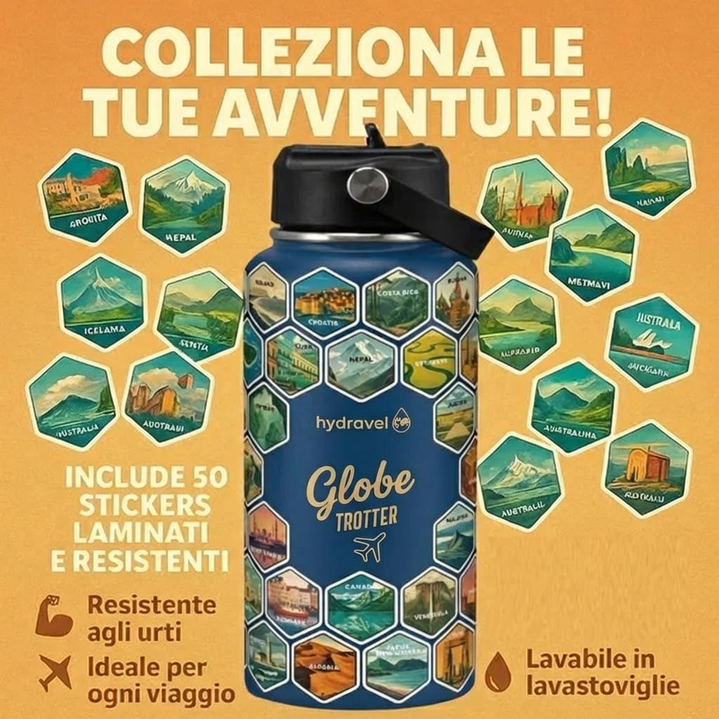Borraccia Termica GLOBE TROTTER con 50 Adesivi dei Posti più BELLI del Mondo - Ottima Idea Regalo per Viaggiatori - 1 LT, Acciaio Inox, bevande Calde per 12h/Fredde 24h (Blu) - 3
