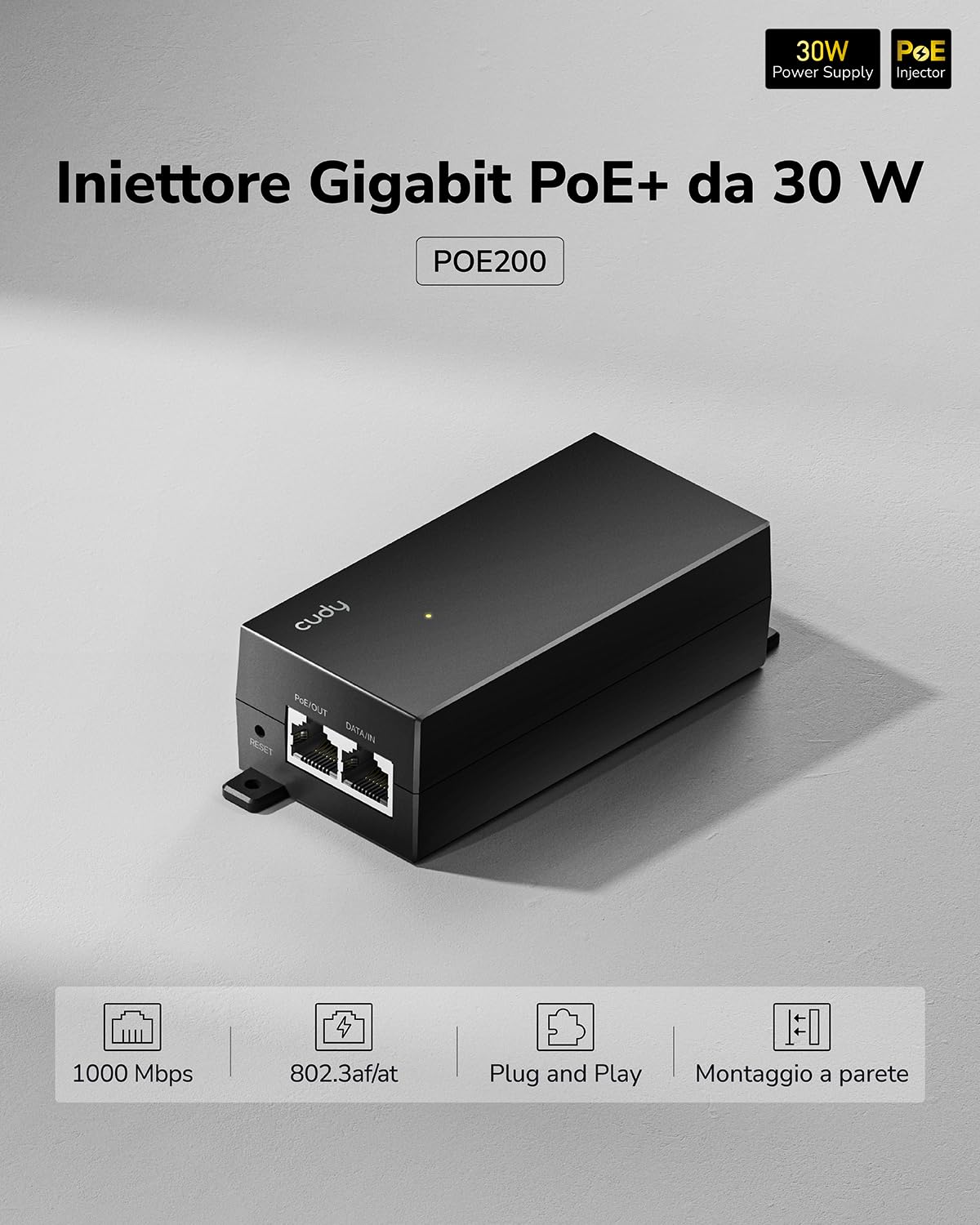 Cudy, POE200 30W Gigabit PoE+, iniettore PoE, uscita 48V-54V/30W, 10/100/1000 Mbit/s RJ-45, IEEE 802.3af / 802.3at, adattatore PoE