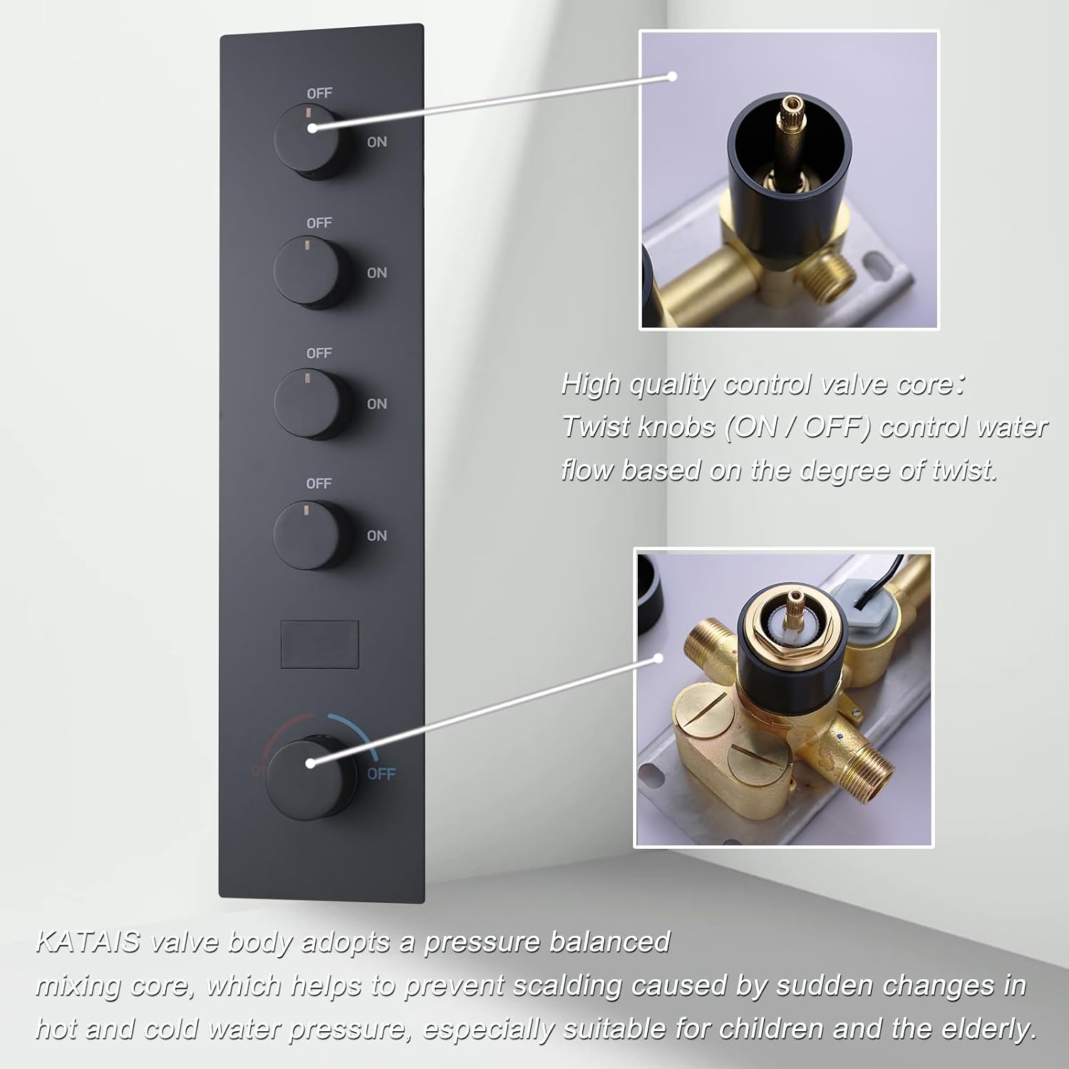 Matte Black Shower Mixing Valve 4 Way Flow Control Faucet Valve with Temperature Display Function, Concealed Mount
