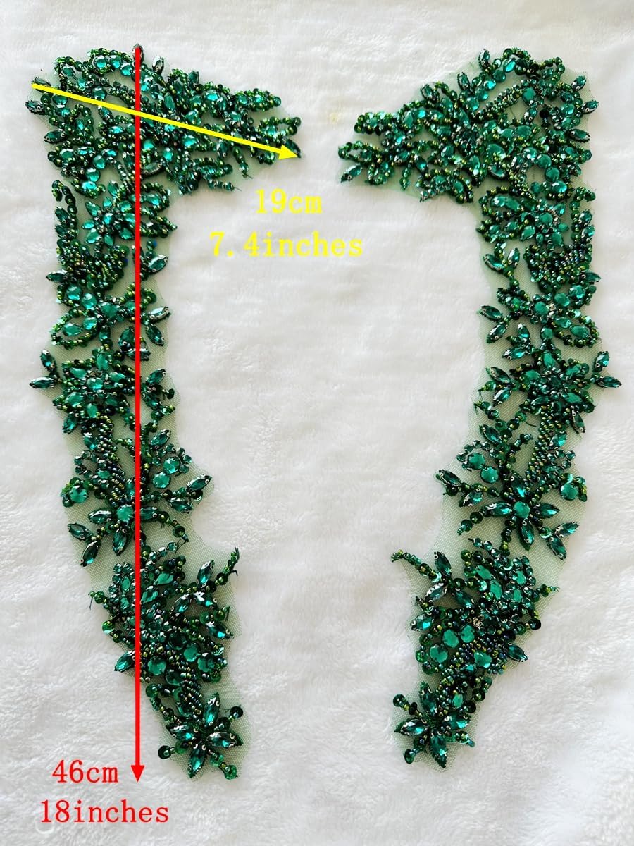 Handmade Beaded Rhinestone Appliques Sew on Crystal Lace Patch 1 Pair for DIY Clothing Wedding Dress Multi-Color Costume Decoration 7.4X18inches (Clear AB)