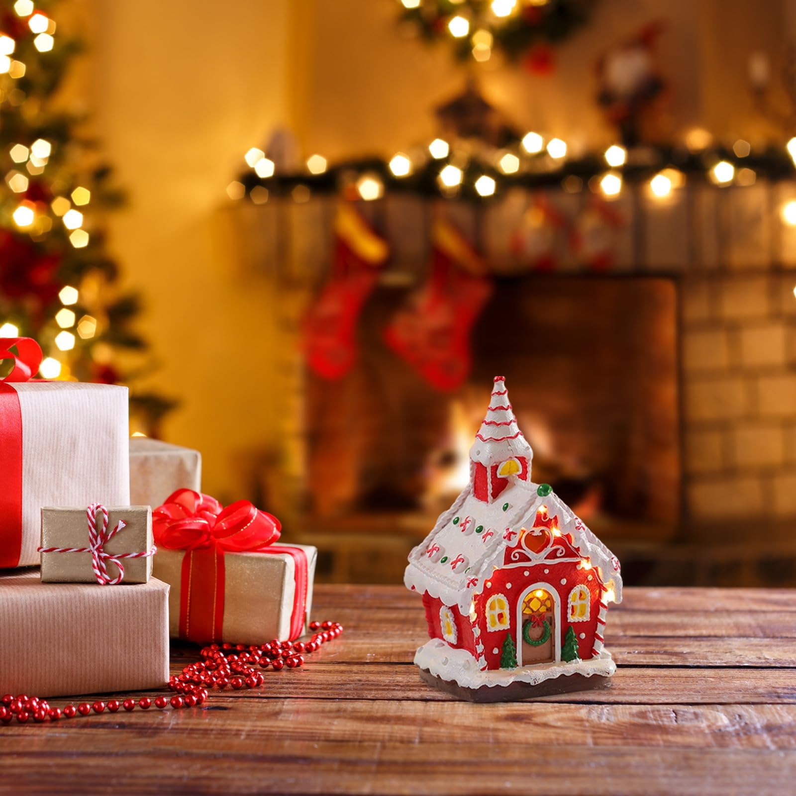 Decorazione Natalizia Casa Piccola in Resina Colorata con Luci e Musica per Interni Flessibile da Posizionare per Feste di Natale