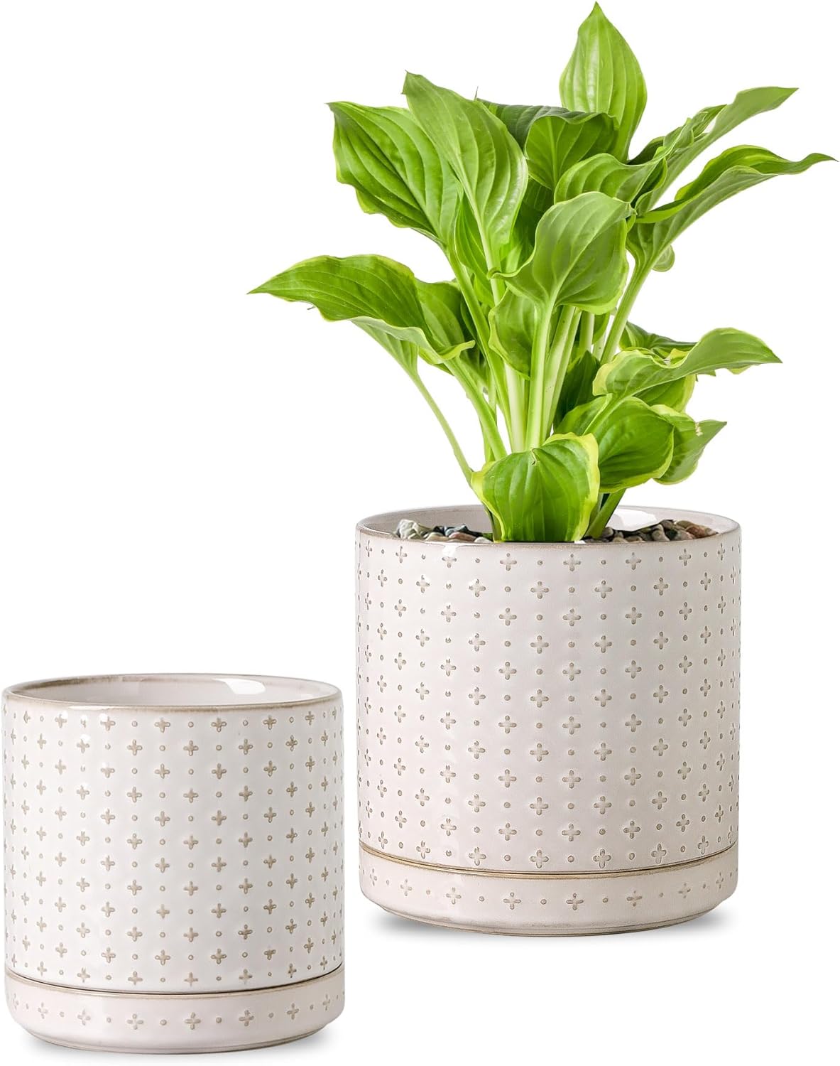 Plant Pots, 5+6 inch Planters Set of 2, Ceramic Pot for Indoor Plants with Drainage Hole and Saucer, Small Flower Pot for Succulent, White