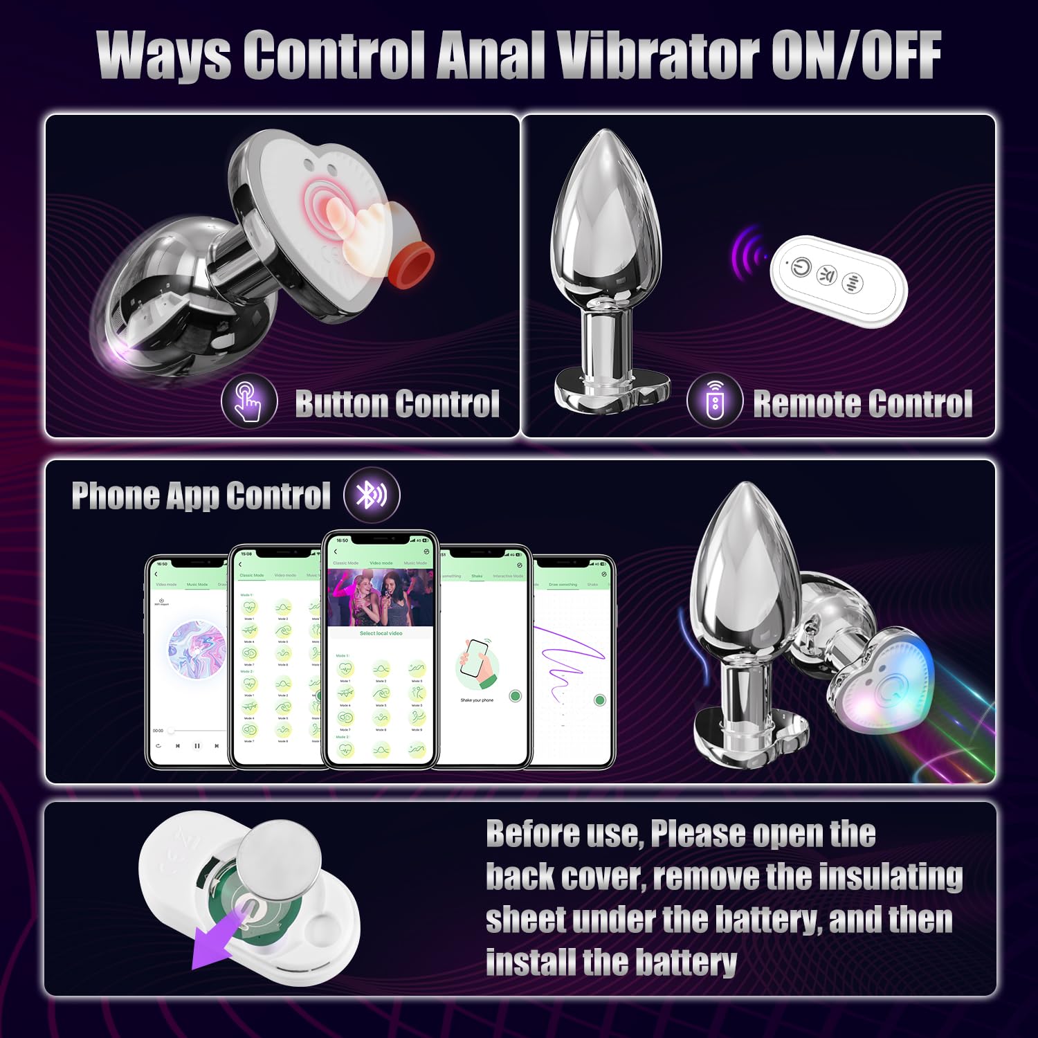 Vibrator Butt Plug, Anal Plug with Flashing Light Base, Anal Sex Toys for Men Vibrator (Small)