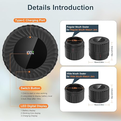 Miniatura 3 de Sellador al vacío eléctrico de tarros Mason para conservas y almacenamiento de alimentos, kit de sellado al vacío todo en uno para tarros de boca