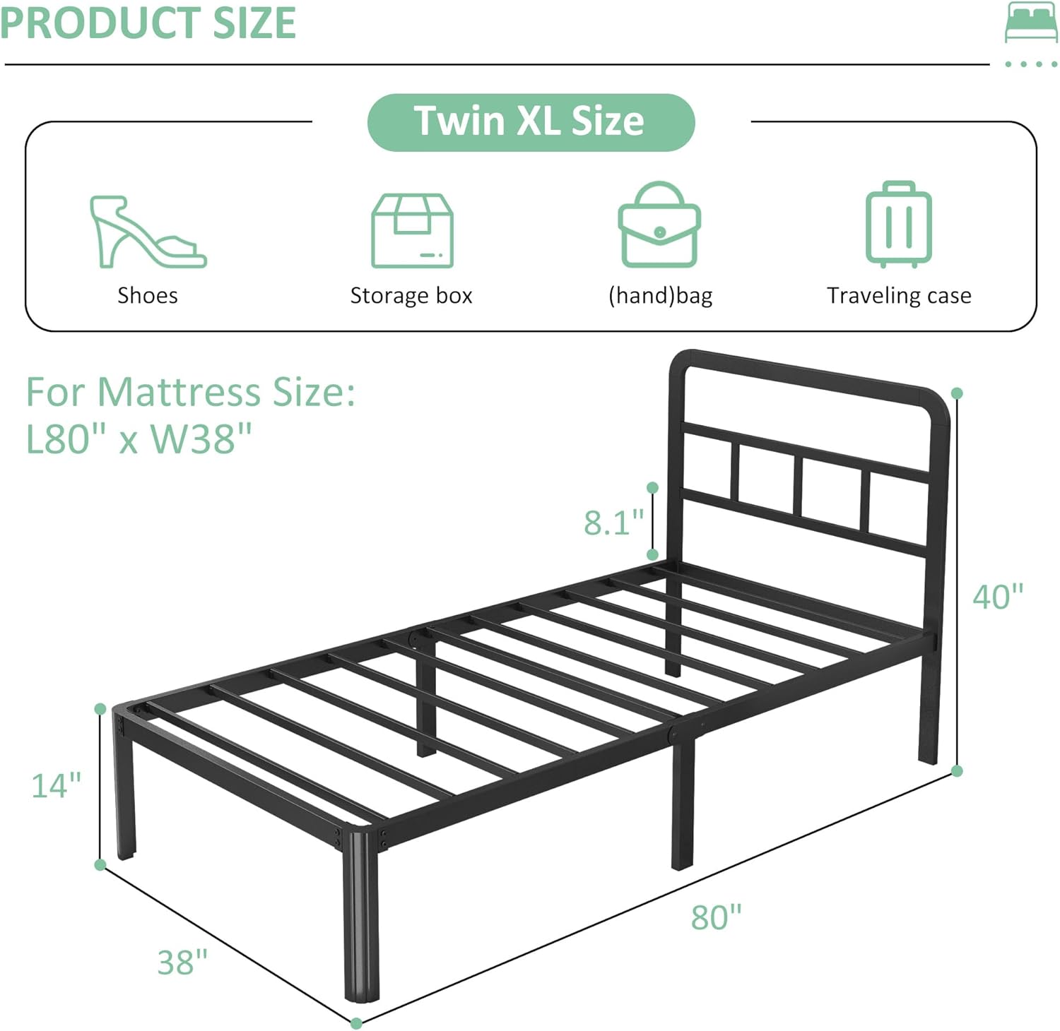 14 Inch Twin XL Bed Frame with Headboard, Heavy Duty Metal XL Twin Platform Bed Frame with Rounded Corner Legs, No Box Spring Needed, Noise Free, Easy Assembly, Black - Image 2
