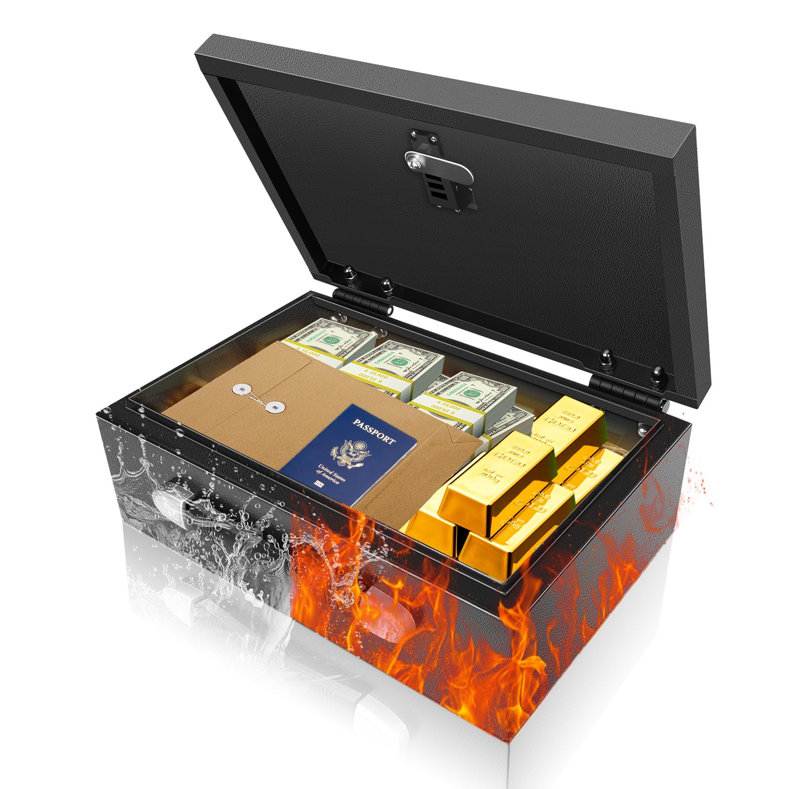 Tragbarer Safe Tresor, 20L Feuerfeste Dokumentenbox mit Griff, Tresor Feuerfest mit Zahlenschloss & Schlüsseln, Wasserdichter Sicherheitsbox für Bargeld Schmuck A4 Dokumente, 32,5 x 21.3 x 11.4 cm