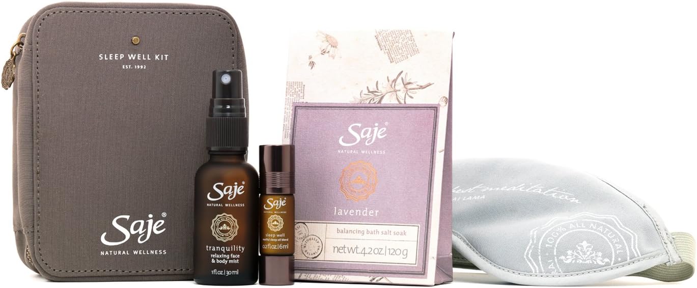 Saje Sleep Well Set, Encourages a Resftul Sleep, Sleep Well Essential Oil Blend (0.2 fl oz), Tranquility Mist (1 fl oz), Lavender Bath Salts (4.2 oz), Shut Eye Herbal Eyeshade, 100% Natural