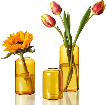 ZENS Glass Bud Vase Set of 3, Hand Blown Small Amber Bud Vases for Flower Decorative, Modern Cylinder Clear Glass Vase for Wedding,Living Room Home Decor