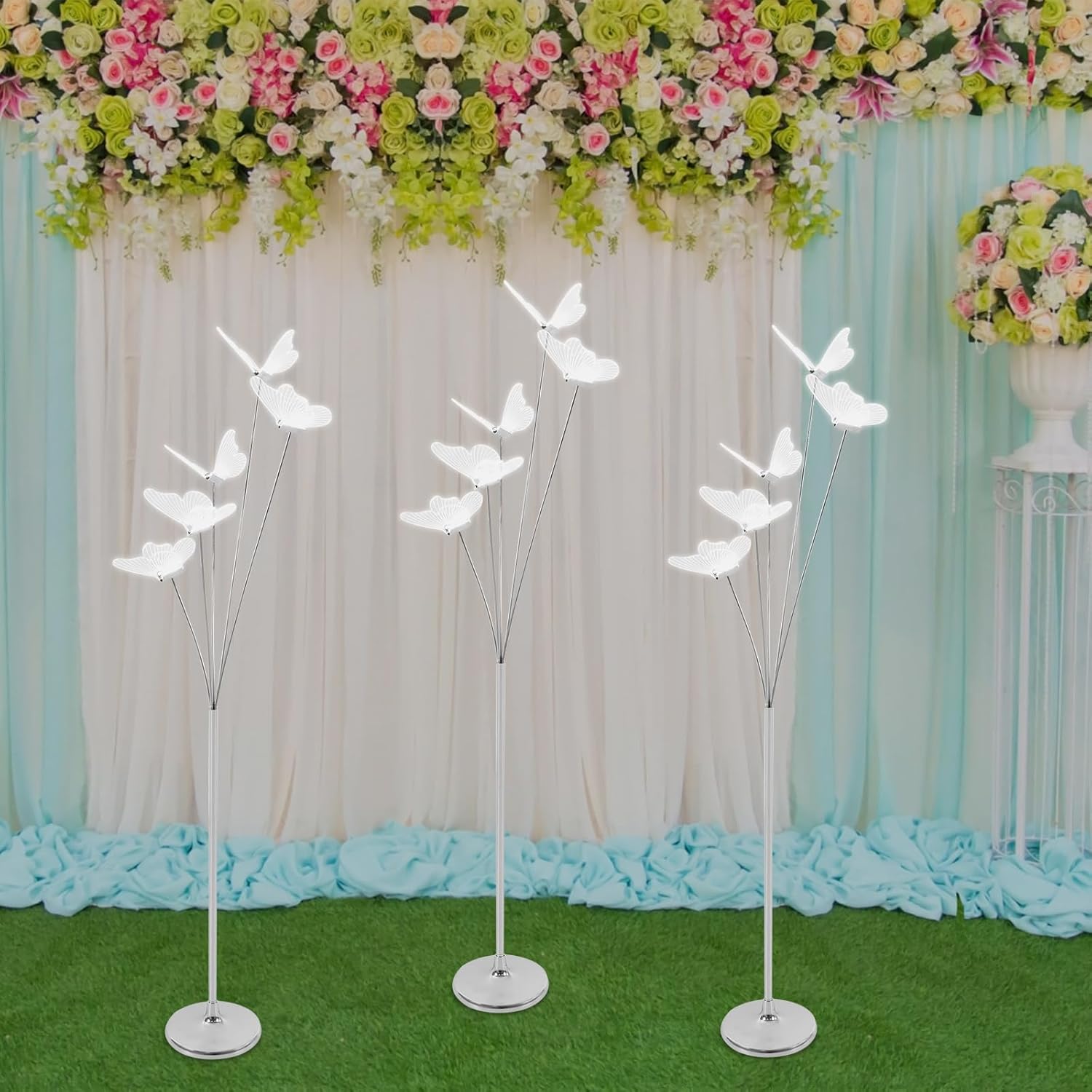 3PCS Wedding Butterfly Floor Lamp with 5 Lighting Butterflies, Creative LED Butterfly Floor Lamp, Free Standing Decoration Lights for Wedding Party Events (Silver)