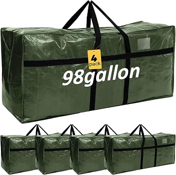 Windyun 4 Pack 98 Gallon Extra Large Moving Bags XXL Heavy Duty Storage Bag | with Strong Zipper Handle Jumbo Big Tote Box Foldable for College Dorm Travel Clothes Duffle Blanket PillowArmy Green