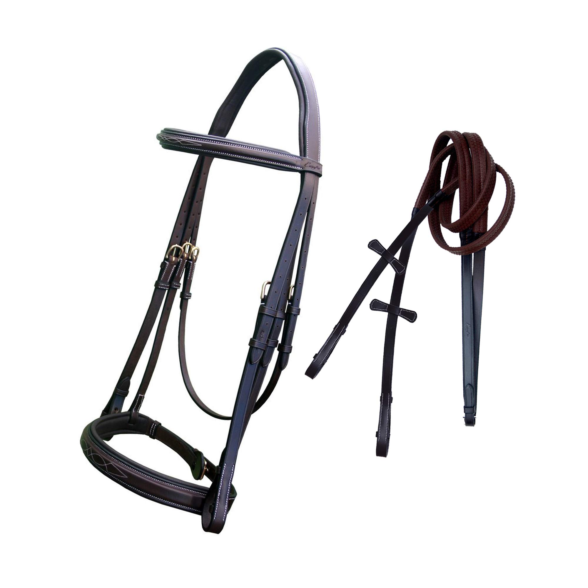 Exion Horse Hunter Bridle with Leather Rubber Lined Reins with Hand Stop- English Snaffle Soft Padded Hunter Bridle for Horses