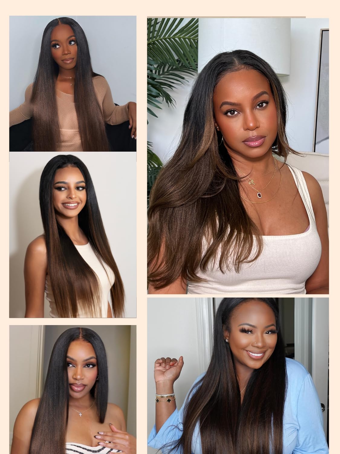 Nadula Ombre Brown Yaki Straight V Part Wig Human Hair with Drawstring No Leave Out EasiContour Vpart Wigs,Glueless Chestnut Brown Highlight Clip in V-part Yaki Wig, Upgrade Yaki U Part Wig 18inch