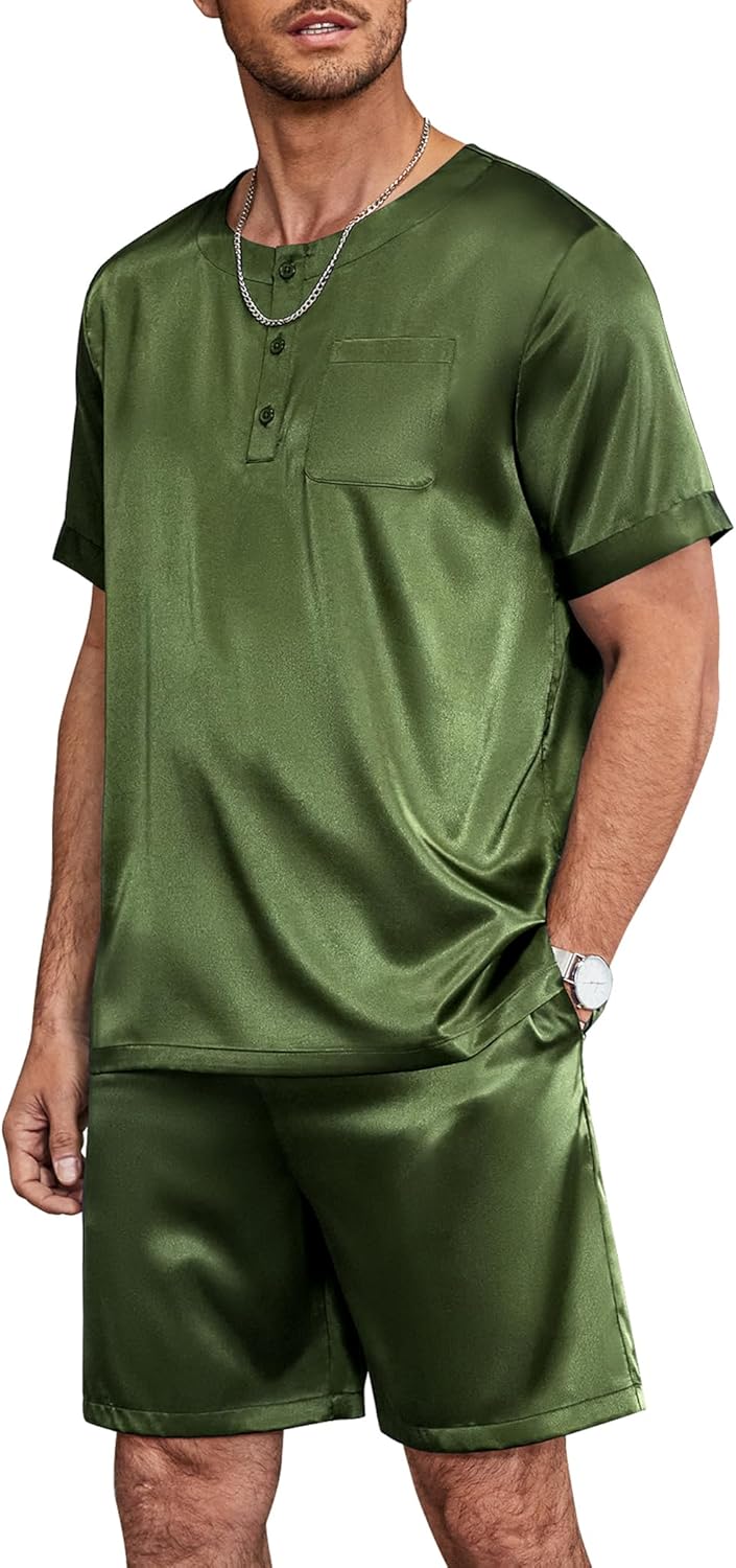 Ekouaer Men Silk Pajamas Set 2 Piece Pjs Soft Satin Sleepwear Shorts Button Down Tops Loungewear with Pockets