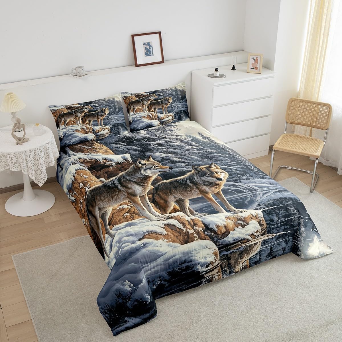 Castle Fairy Wild Wolf Comforter Set Queen Size Natural Snow Landscape Bedding Set Bedroom Decor Western Rustic Farmhouse Quilt Set for Kids Boys Girls Wildlife Duvet Insert 3Pcs