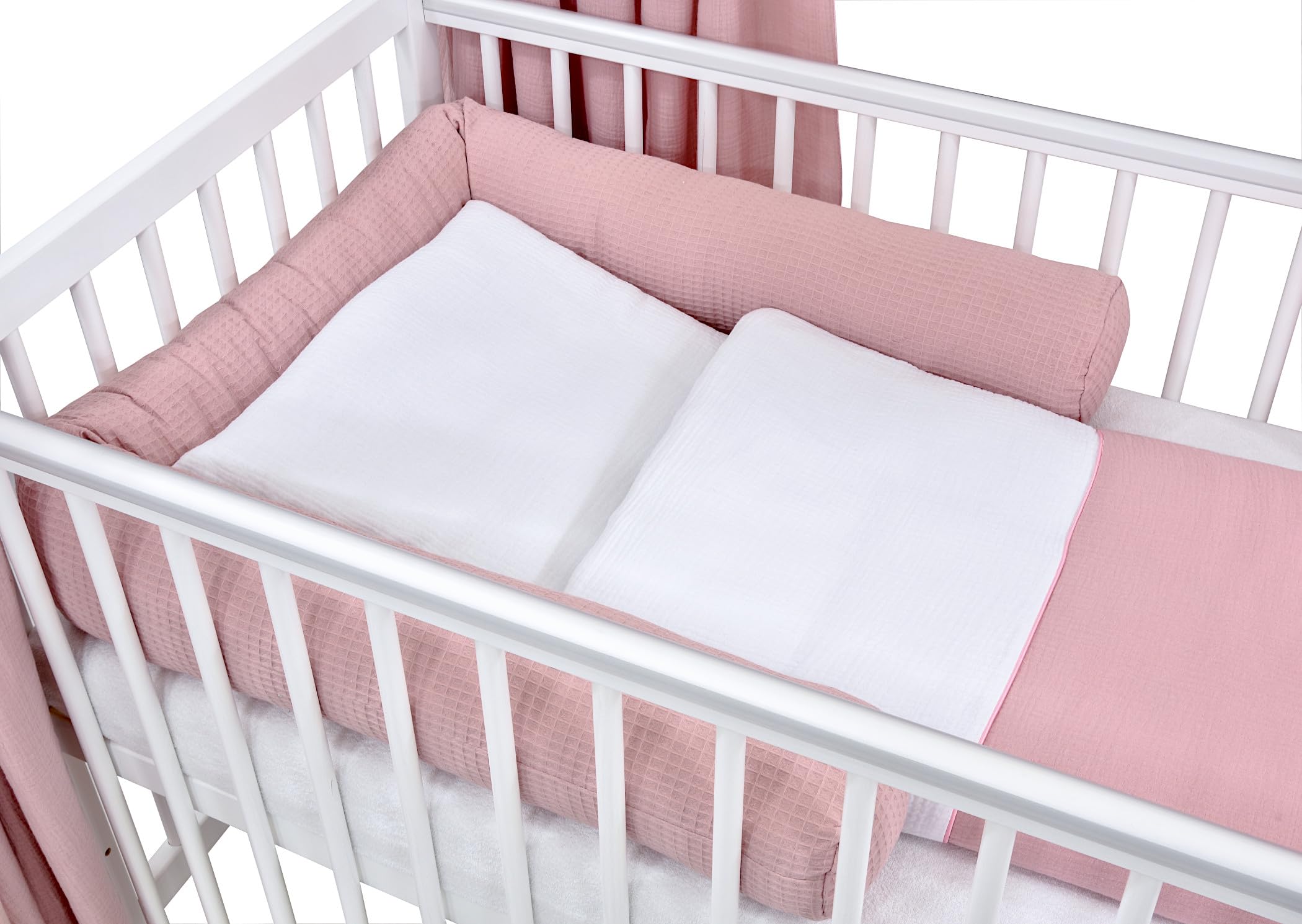 Generisch Baby Delux Babybett Komplett Set Hausbett 60x120 cm weiß Rausfallschutz Kinderbett Matratze Bettwäsche Deko Set (Musselin Himmel, Rosa Musselin Waffelpique)