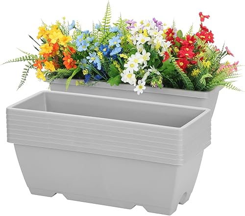 Whonline Paquete de 8 macetas de ventana, cajas de plástico de 17 pulgadas, macetas rectangulares de flores con agujeros de drenaje y platillos para