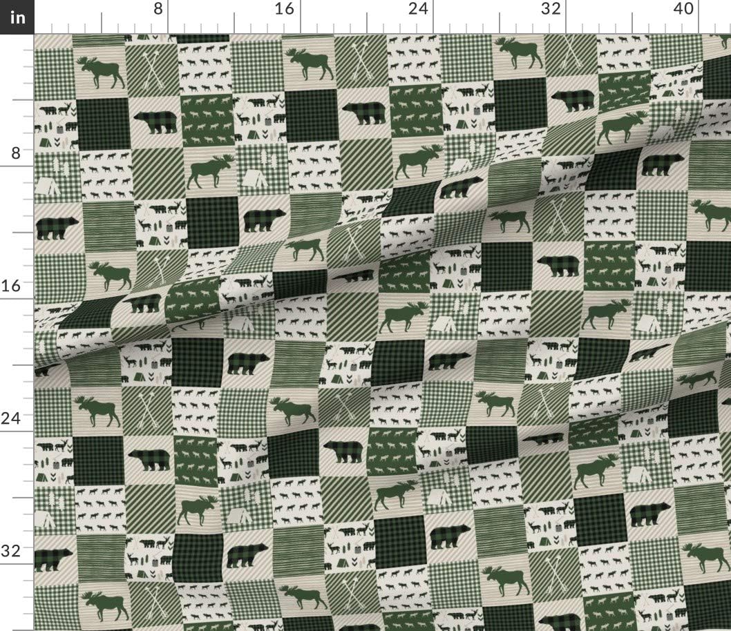 Spoonflower Fabric - Moose Quilt Cheater Hunter Green Tan Camping Arrows Bear Hunting Printed on Petal Signature Cotton Fabric by The Yard - Sewing Quilting Apparel Crafts Decor