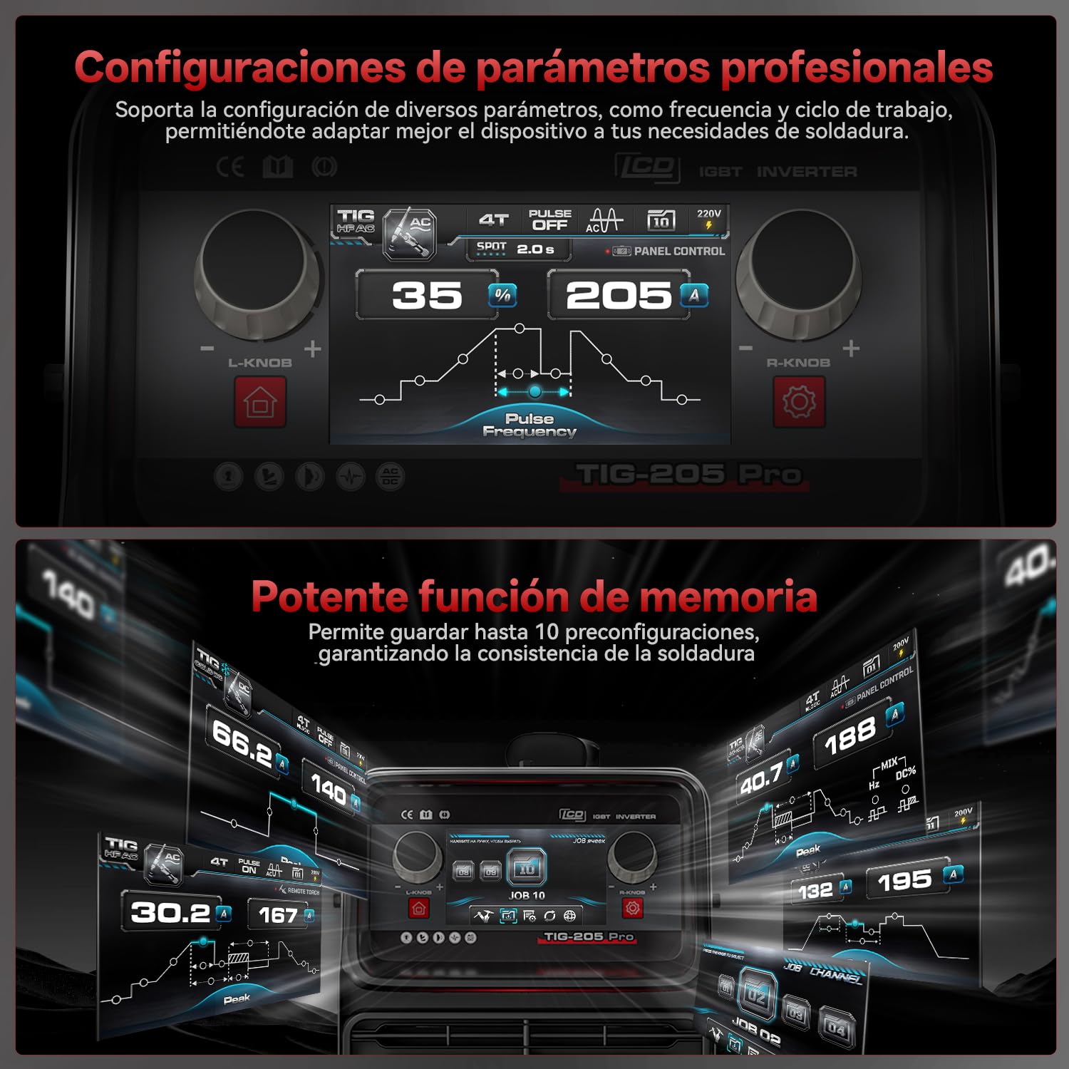 ANDELI 10 en 1 Soldador TIG de Aluminio AC/DC, Pedal de Pie, 205A, LCD, Ondas de Pulso/Cuadrada/Seno/Trapesoidal, Soldadura Fría/Punto, 230V, TIG-205 PRO
