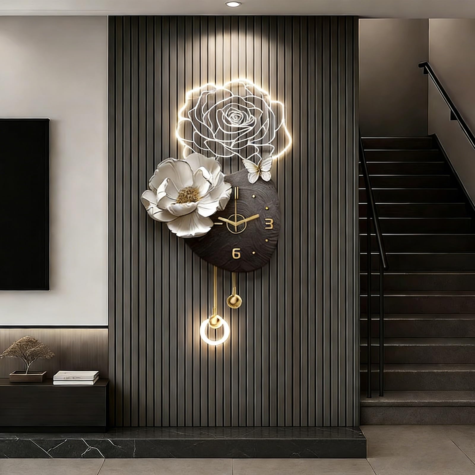 Horloge murale LED moderne 3D en porcelaine cristal design floral