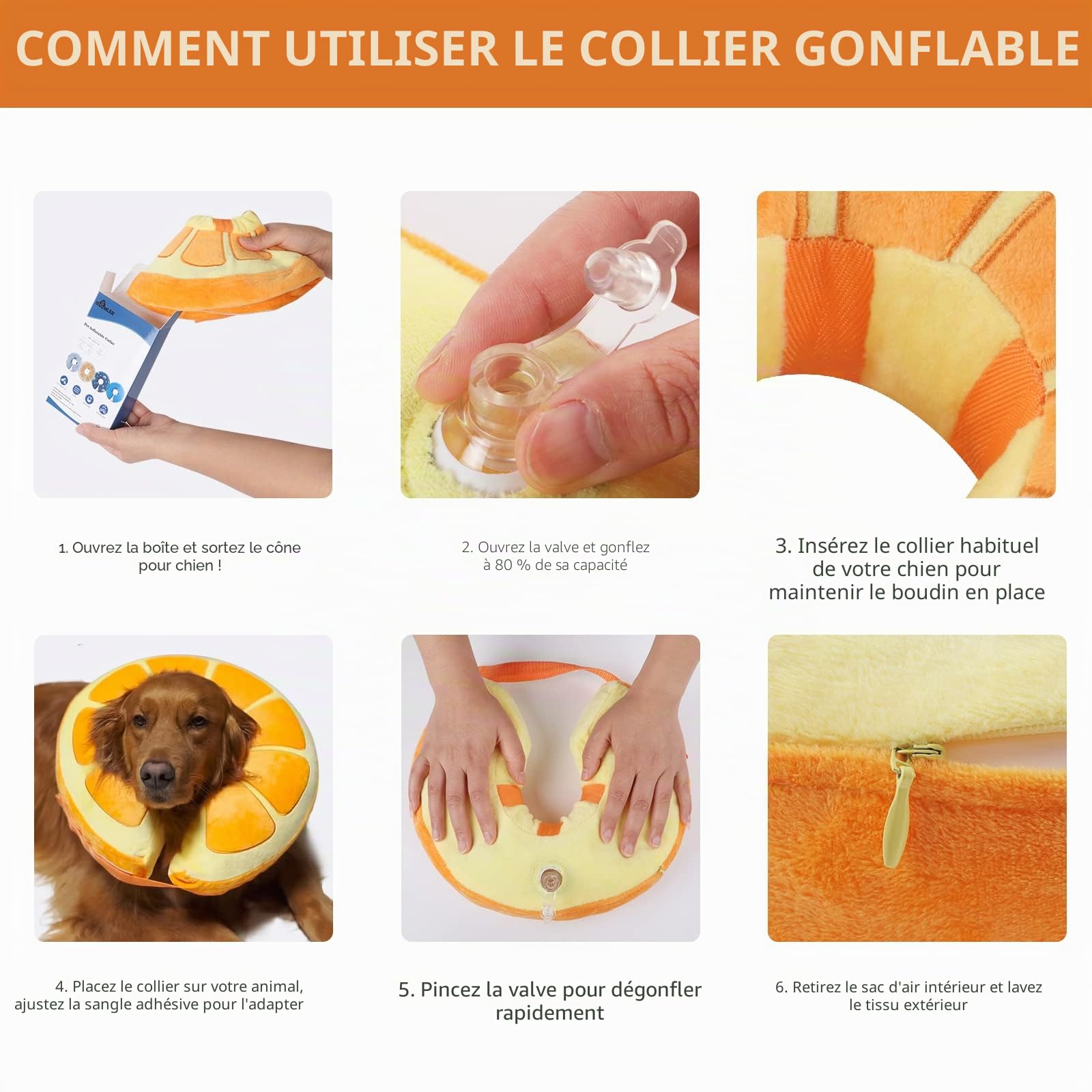 IEUUMLER Collerette Souple Chien Gonflable, Protection Réglable Collier de Favoriser la Récupération pour Chien Chats Anti Lechage & Morsure EU004 (Orange, L)