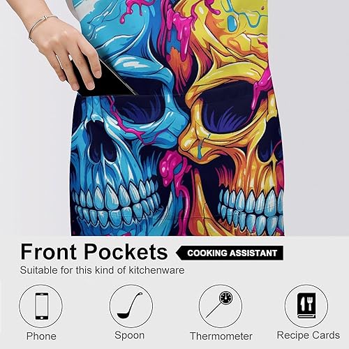 Miniatura 5 de Personalized Two Different Skulls Adult Apron, Kitchen Cooking Aprons for Woman Man, Adjustable Bib Apron with Pocket for Baking, BBQ Crafting