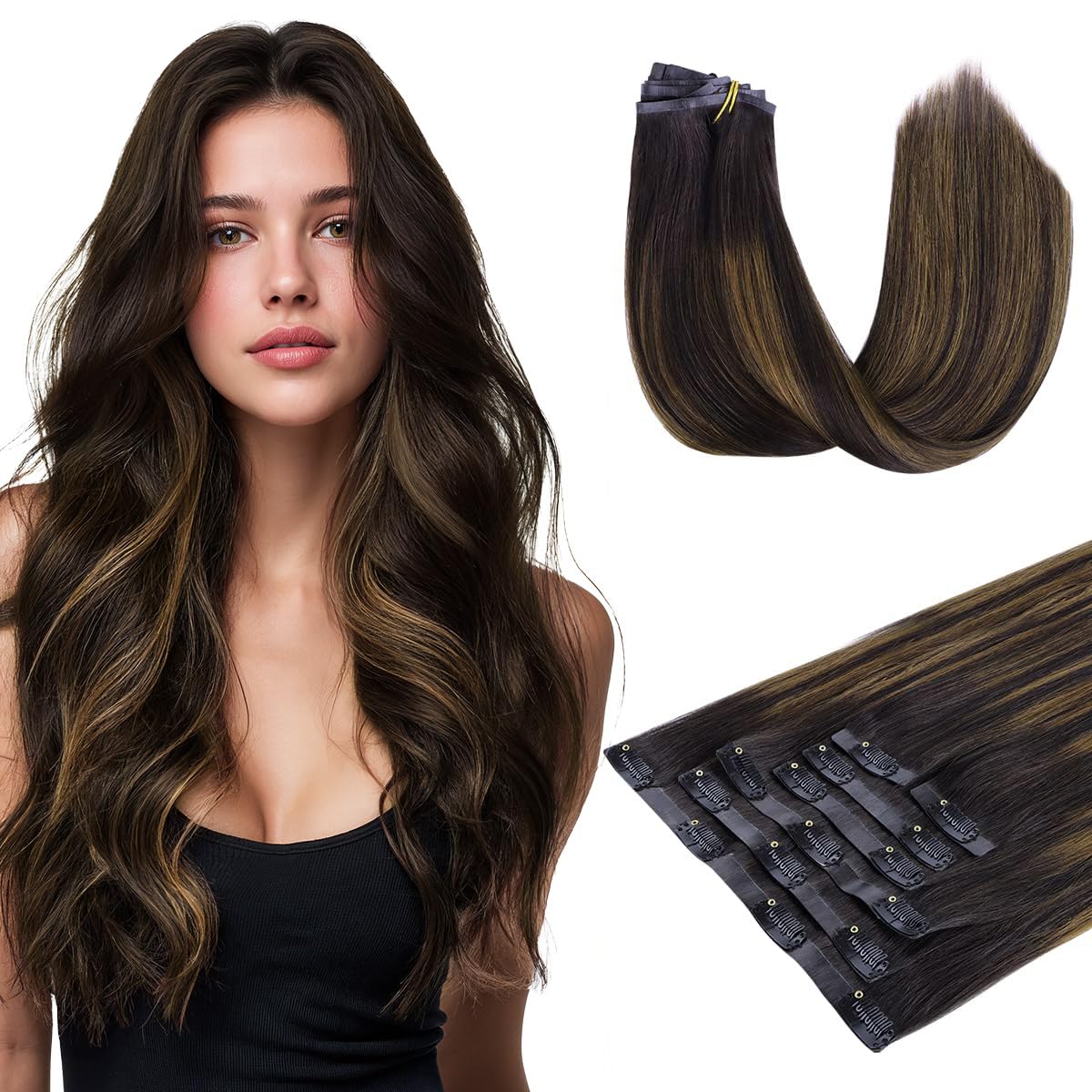 HOTBANANA Seamless Clip in Hair Extensions 14 inch 130g 7pcs Dark Brown Mixed Chestnut Brown Clip in Remy Human Hair Extensions Straight Hair
