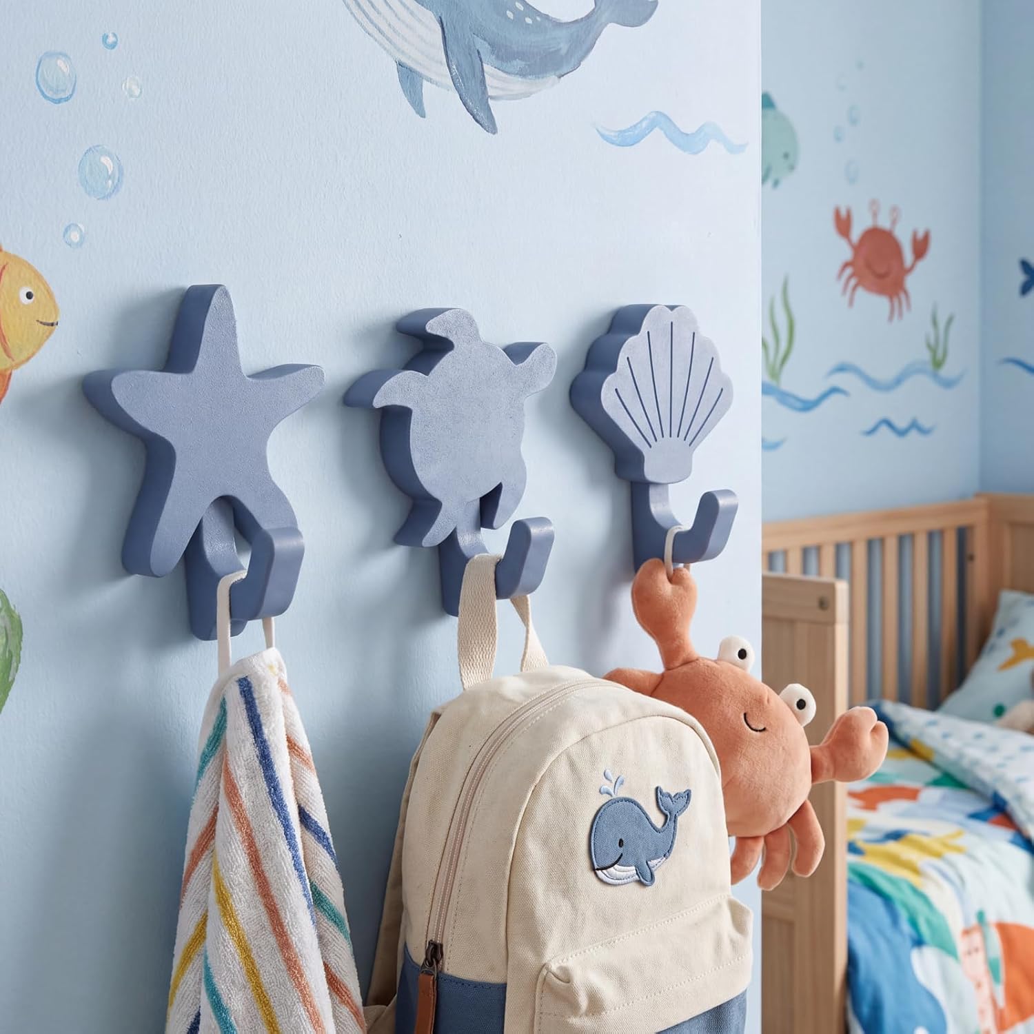 Yinkin 3 Pcs Wooden Sea Animal Wall Hooks, Sea Style Starfish Turtle Shell
