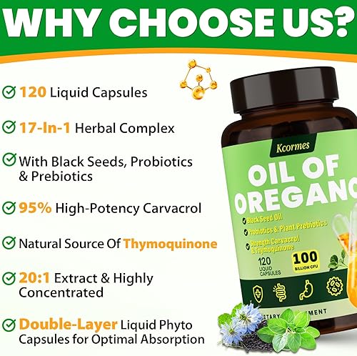 Miniatura 5 de Aceite de orégano con aceite de semilla negra - 20000 mg de orégano  Mezcla de hierbas 17 en 1 con probiótico, Carvacrol de 20 veces de fuerza y