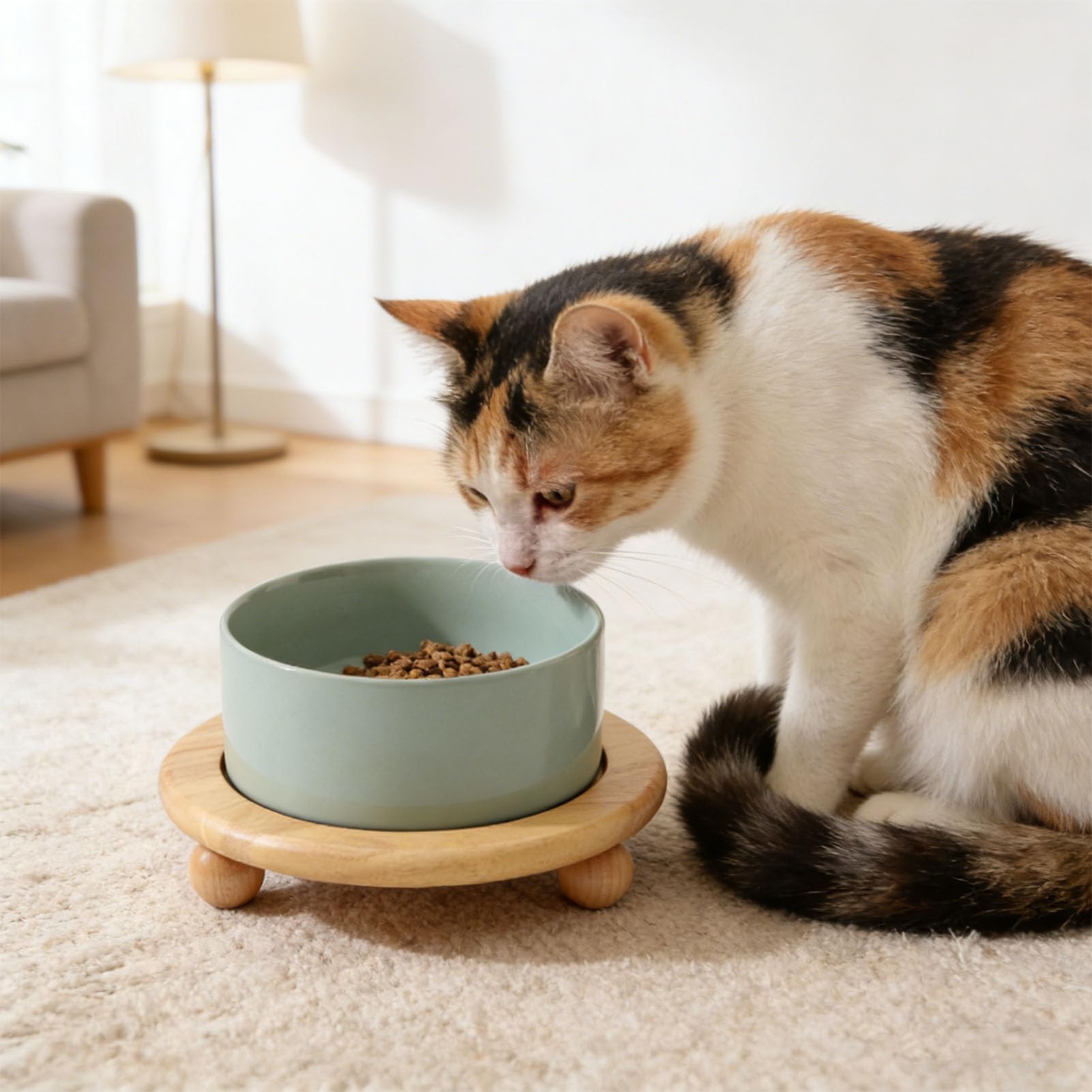 Erhöhter Katzennapf aus Keramik mit Holzständer Gegen Erbrechen