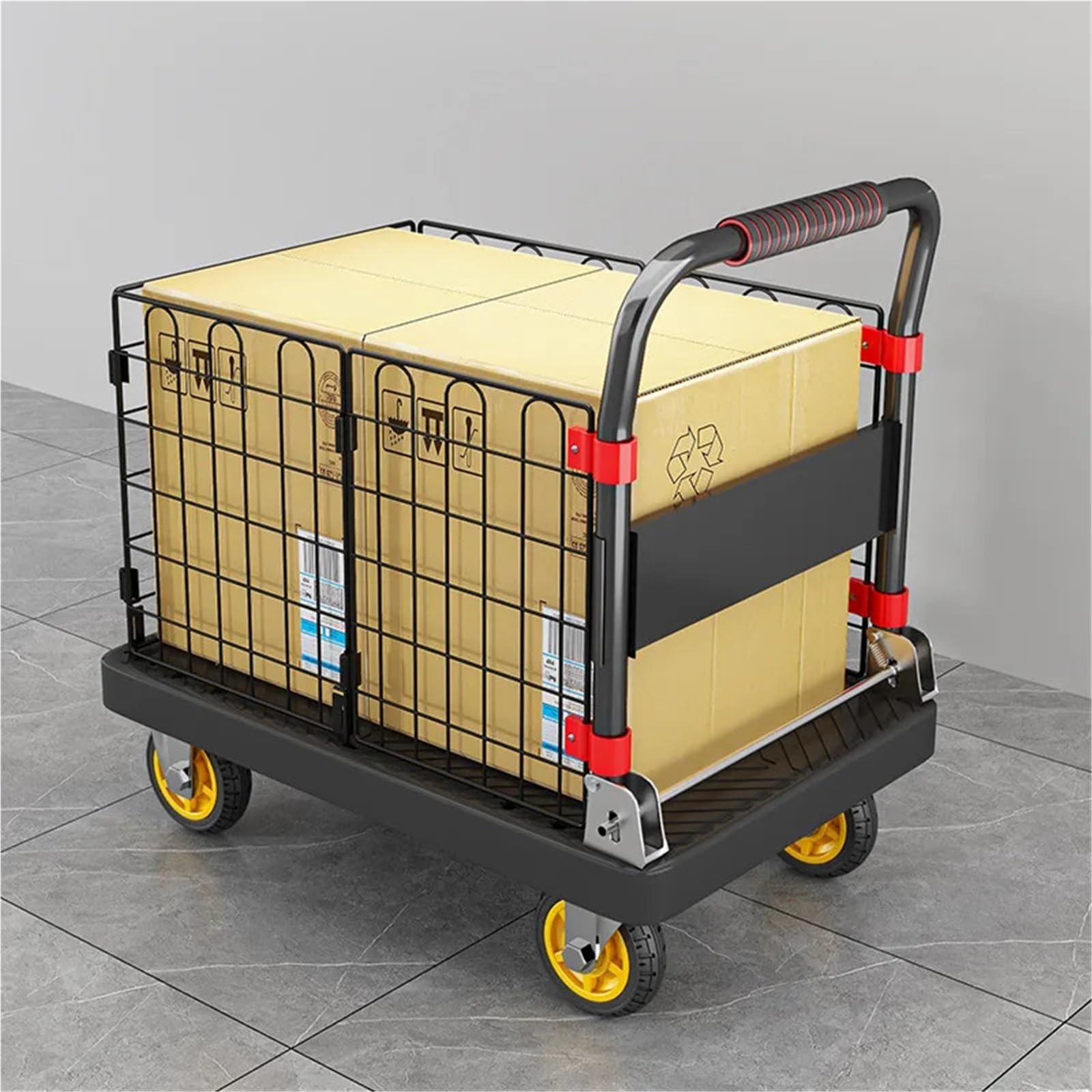 Składany wózek płaski, 4-kołowy cichy wózek do transportu artykułów gospodarstwa domowego, boczne ogrodzenia, nośność 250 kg