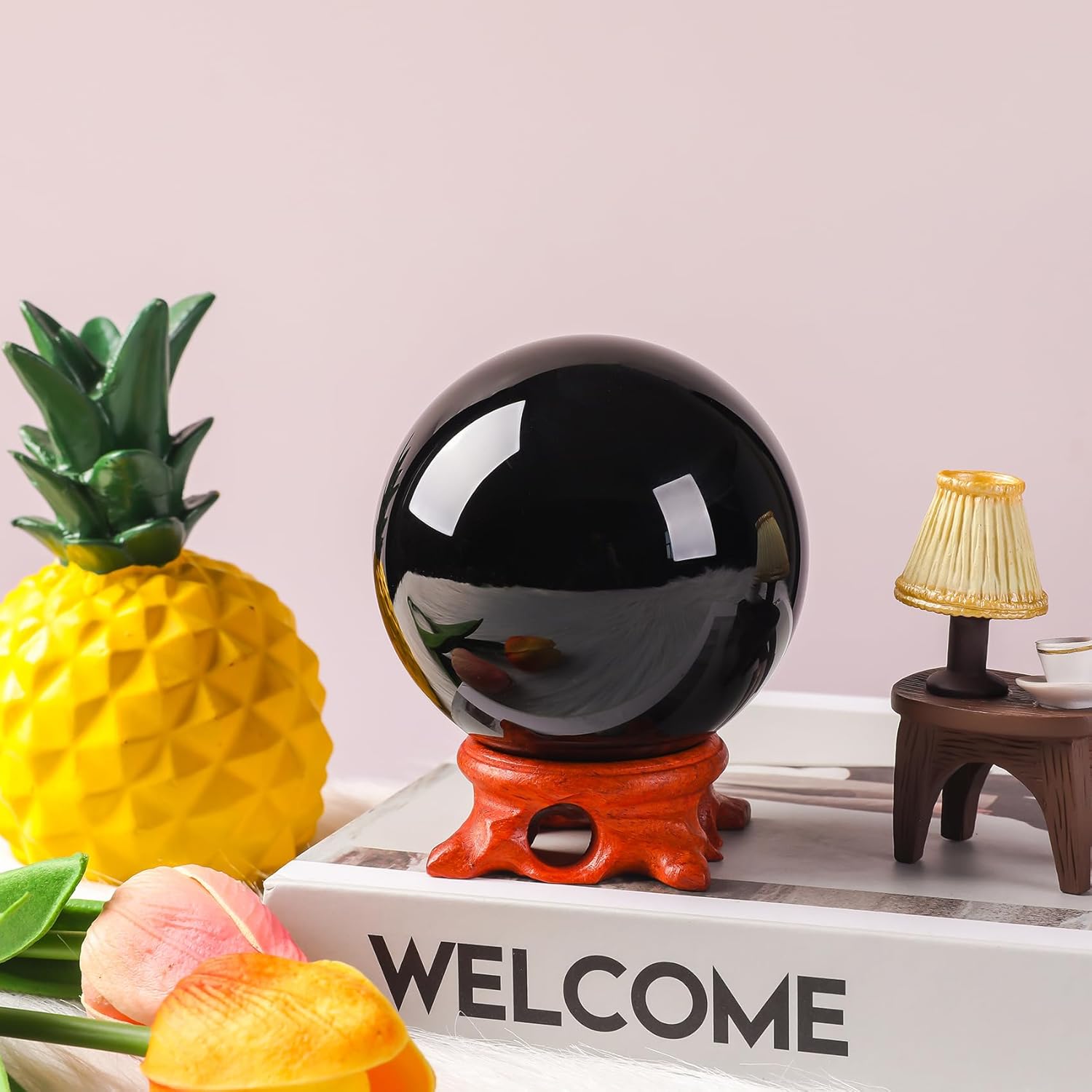 Black Obsidian Crystal Ball 100mm/3.9 inch with Rose Wooden Stand and Gift Box for Meditation,Fortune Teller,Feng Shui, Scrying,Magic,Home Decor,Halloween,Large Quartz Crystal Orb Prop Glass Sphere