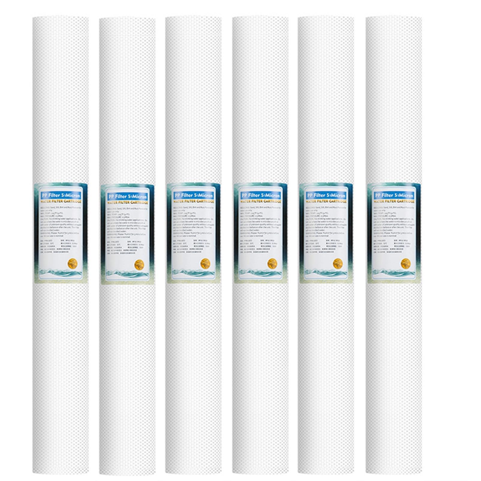 Filtro agua 1/5 micrón, prefiltros sedimentos 50,8 cm, cartucho repuesto 50,8 cm x 6,35 cm, para filtración agua toda la casa (paquete 6)(5 micron)