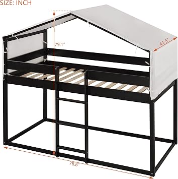 JIJIWANG House Bunk Bed Twin Over Twin, Wood Bunk Beds with Ladder and Tent, Floor Bunk Bed with Guardrail, Espresso