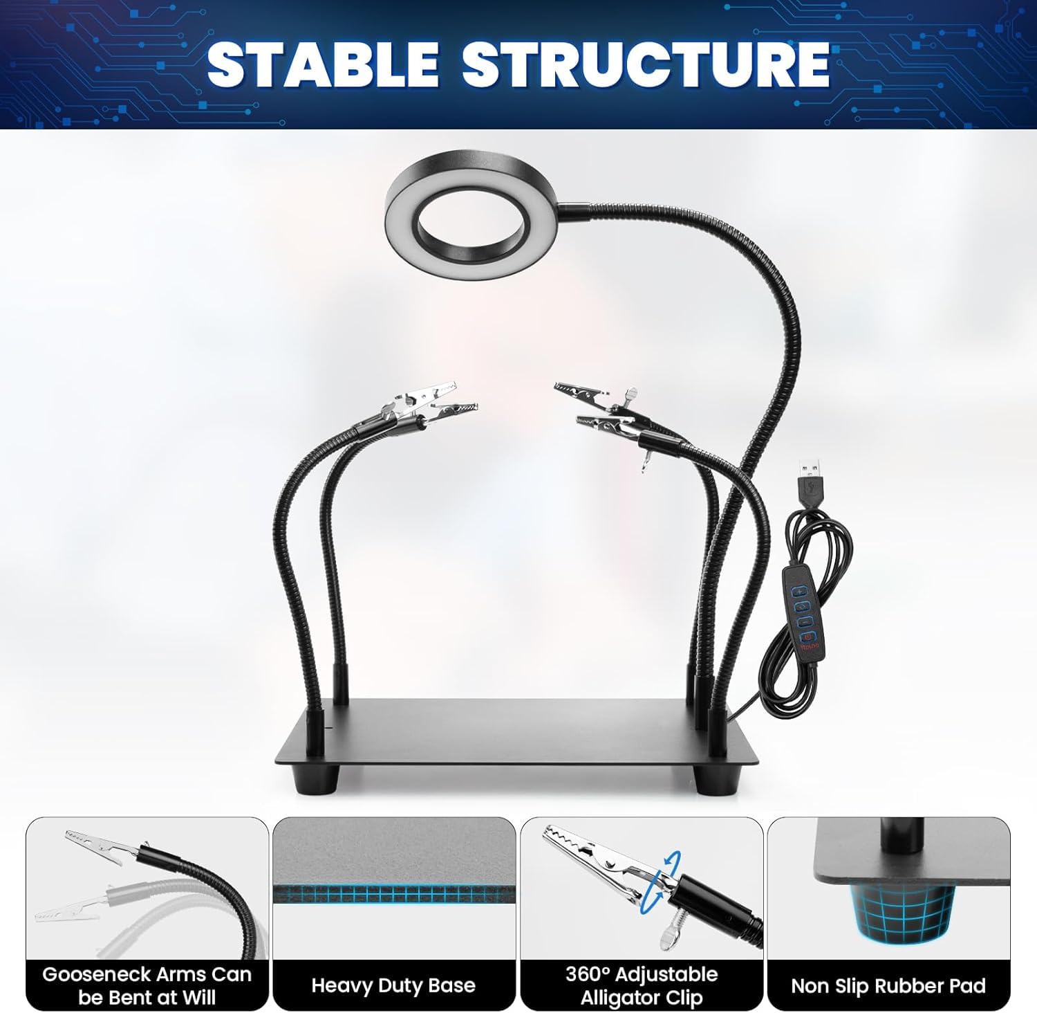 Troisième main - Aide à la soudure troisième main avec 6 loupes lumineuses - Station de soudage avec 4 bras flexibles et lampe loupe LED - Aide à la soudure pour soudeurs, fabricants de bijoux