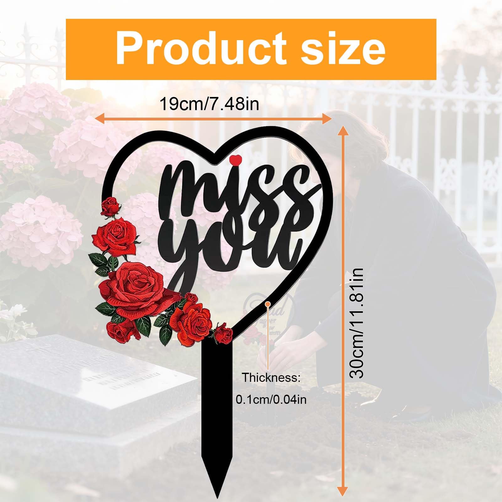 decorazione tomba cuore metallo 1 pezzo 30x18 cm resistente per esterno con scritta Miss You e soffione per cimitero giardino prato commemorazione