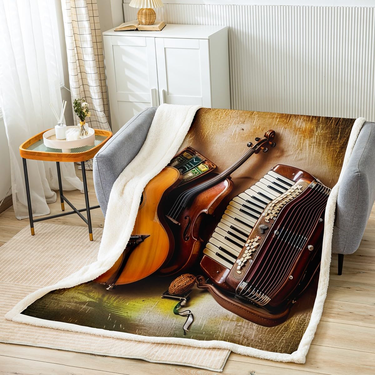Feelyou Cello Accordion Fleece Sherpa Blanket for Bed Couch Chair - Ultra Soft Classical Musical Theme Throw With Guitar - Fuzzy Comfort Room Decor