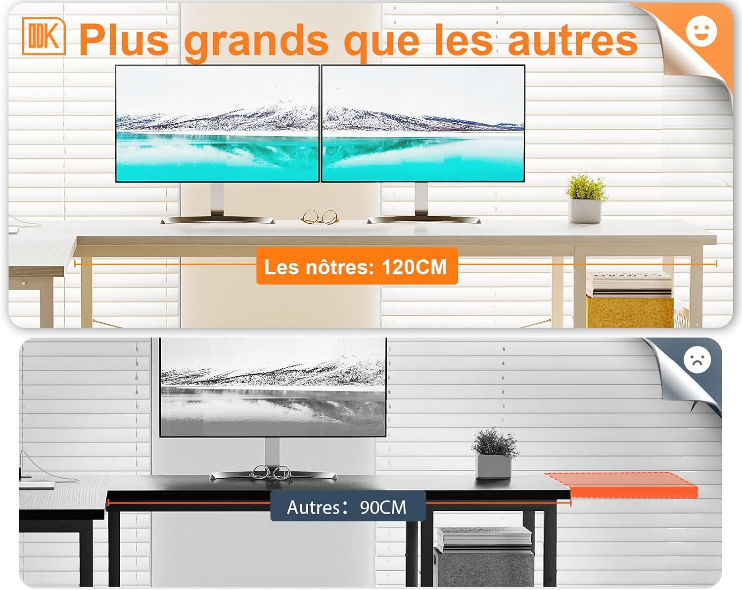 Comparison image showing the ODK desk's larger surface area (120cm) compared to a smaller 90cm desk.