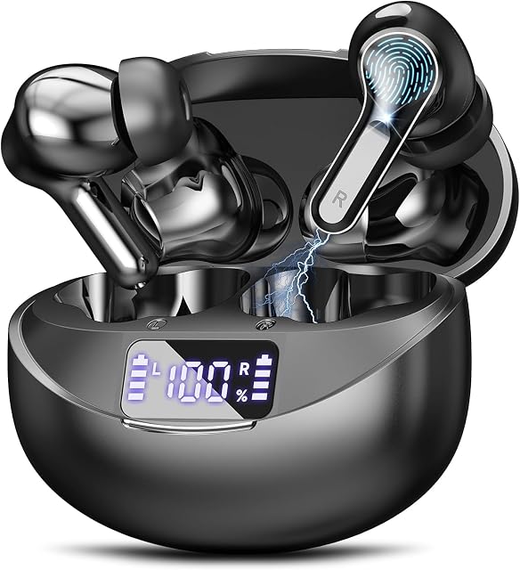 Wireless Earbuds, Bluetooth 5.4 Headphones HiFi Stereo 50H Playback LED Digital Display Ear Buds with ENC Noise Canceling Headset, IPX7 Waterproof Earphones for Running/Workout
