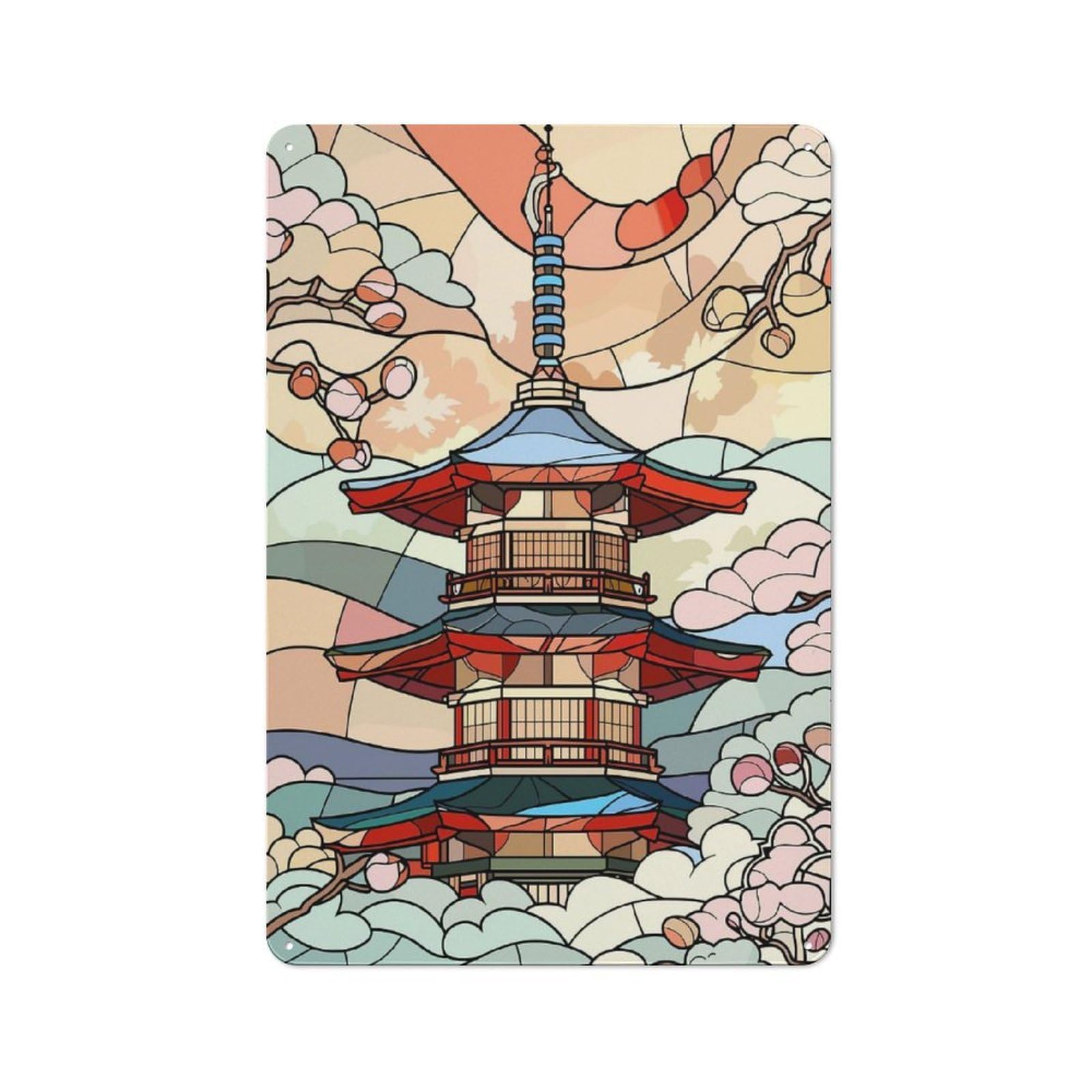 Junmoney Style-6 Japanese Pagoda With Cherry Blossoms Rustic Metal Plaque 30X20cm For Garage Or Workshop, For Kitchen, Dining Room And Home Bar Wall Decor