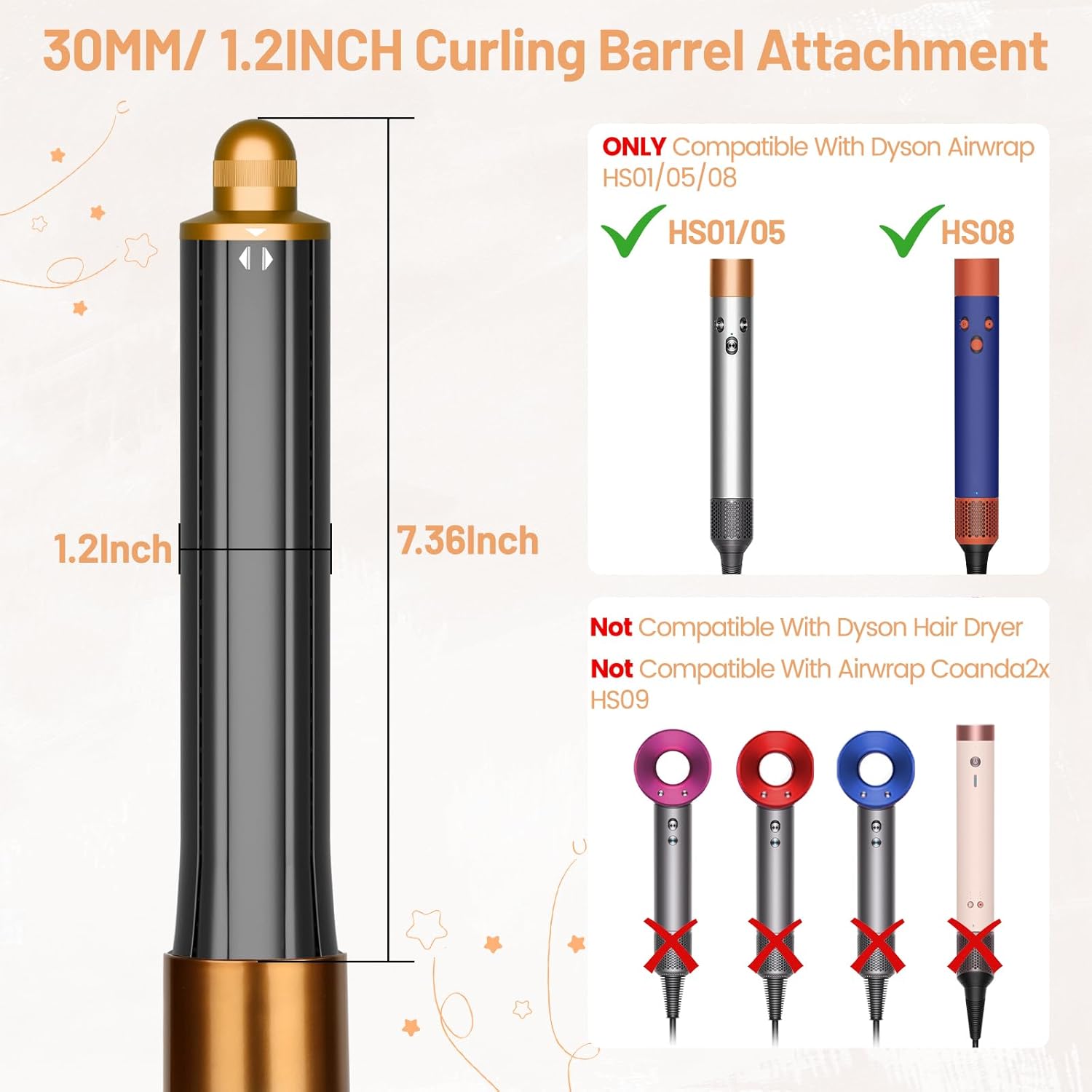 30mm/1.2 Inch Curling Barrel for Dyson Airwrap, Long Hair Curling Roller Barrels Compatible with Airwrap HS01/05/08, Self-Curling Replacement Attachment for Part No.971888-07, Gold