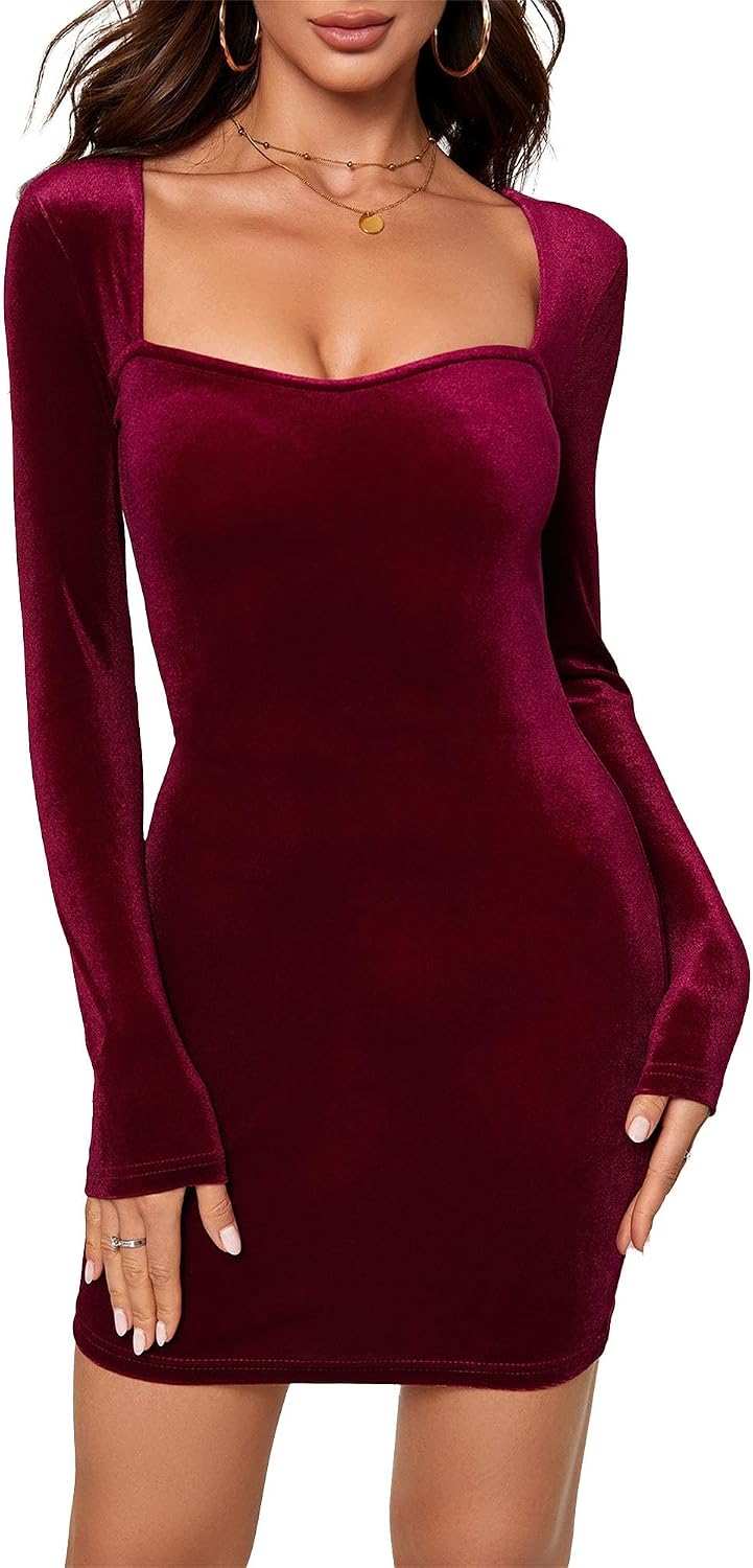 Womens Sexy Velvet Long Sleeve Dress Square Neck Ruched Bodycon Elegant Mini Party Dress Cocktail Wedding Guest Dresses