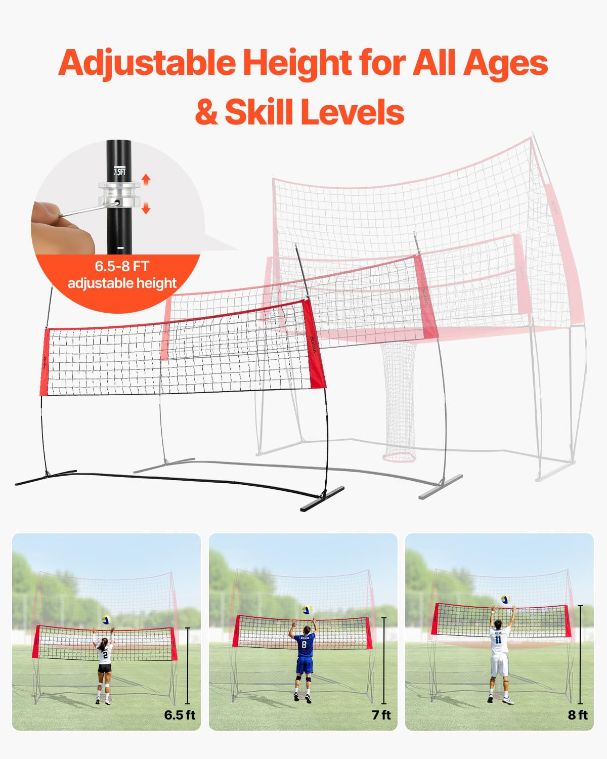 VEVOR Sistema Rete per Allenamento Pallavolo, Attrezzatura Regolabile in Altezza con Ritorno Palla, Stazione di Rete Portatile, Facile da Installare per Giardino, Servizio per Migliorare Precisione