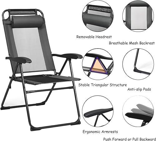 Miniatura 7 de UJOYPAD - Juego de 2 sillas reclinables plegables, sillas plegables con respaldo ajustable de 7 niveles, sillas de patio portátiles para adultos,