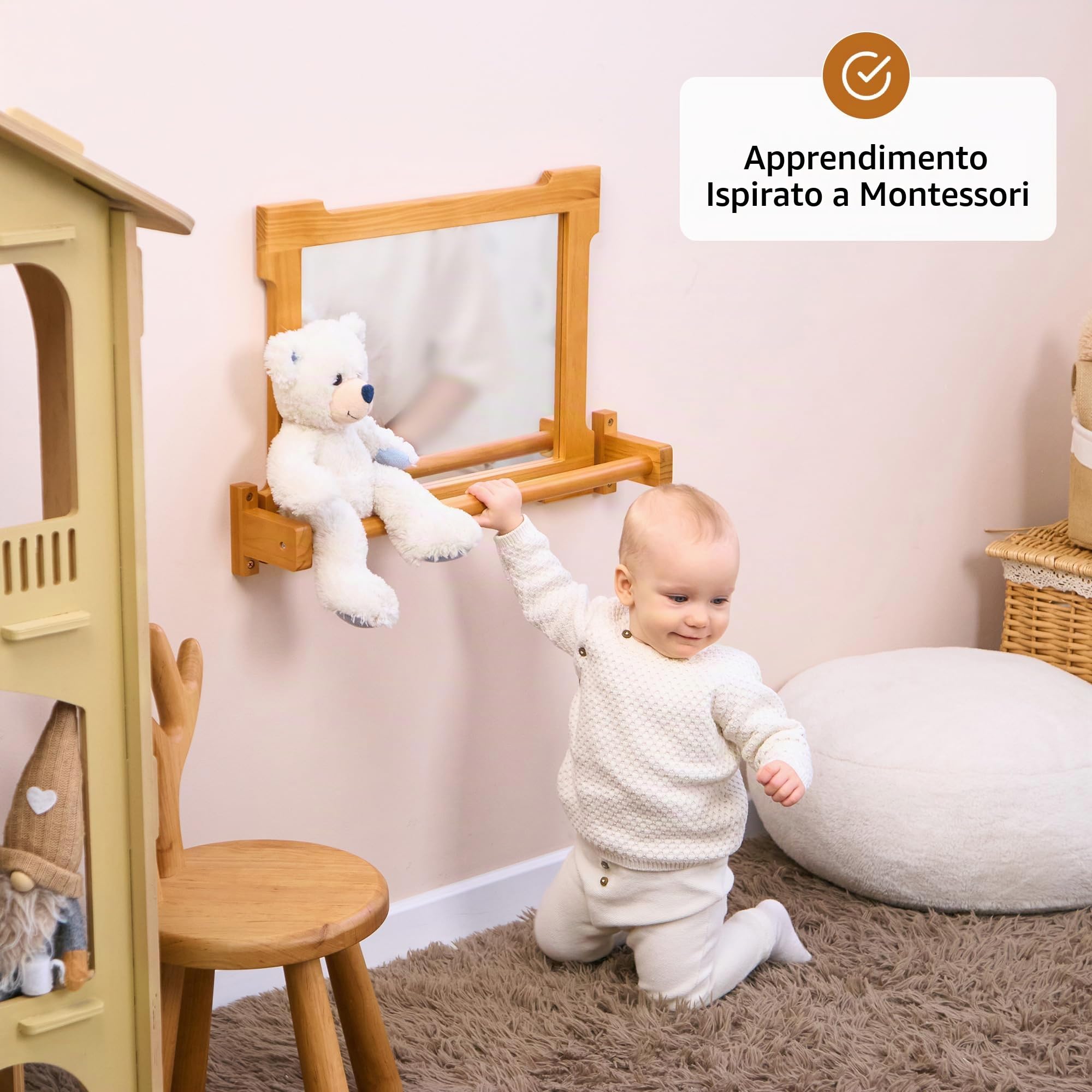 ODOXIA Specchio con Barra per Bambini | Montessori Neonati | Per il Pull Up | Ideale Casa e Scuola