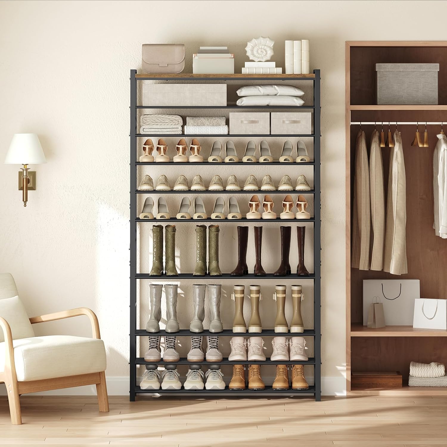 Shoe Storage Bench with Cushion, Entryway Bench, 12-Tier Shoe Rack, 39.4" L Shoe Shelf for 54-60 Pairs of Shoes, HX01BK-SS40BR